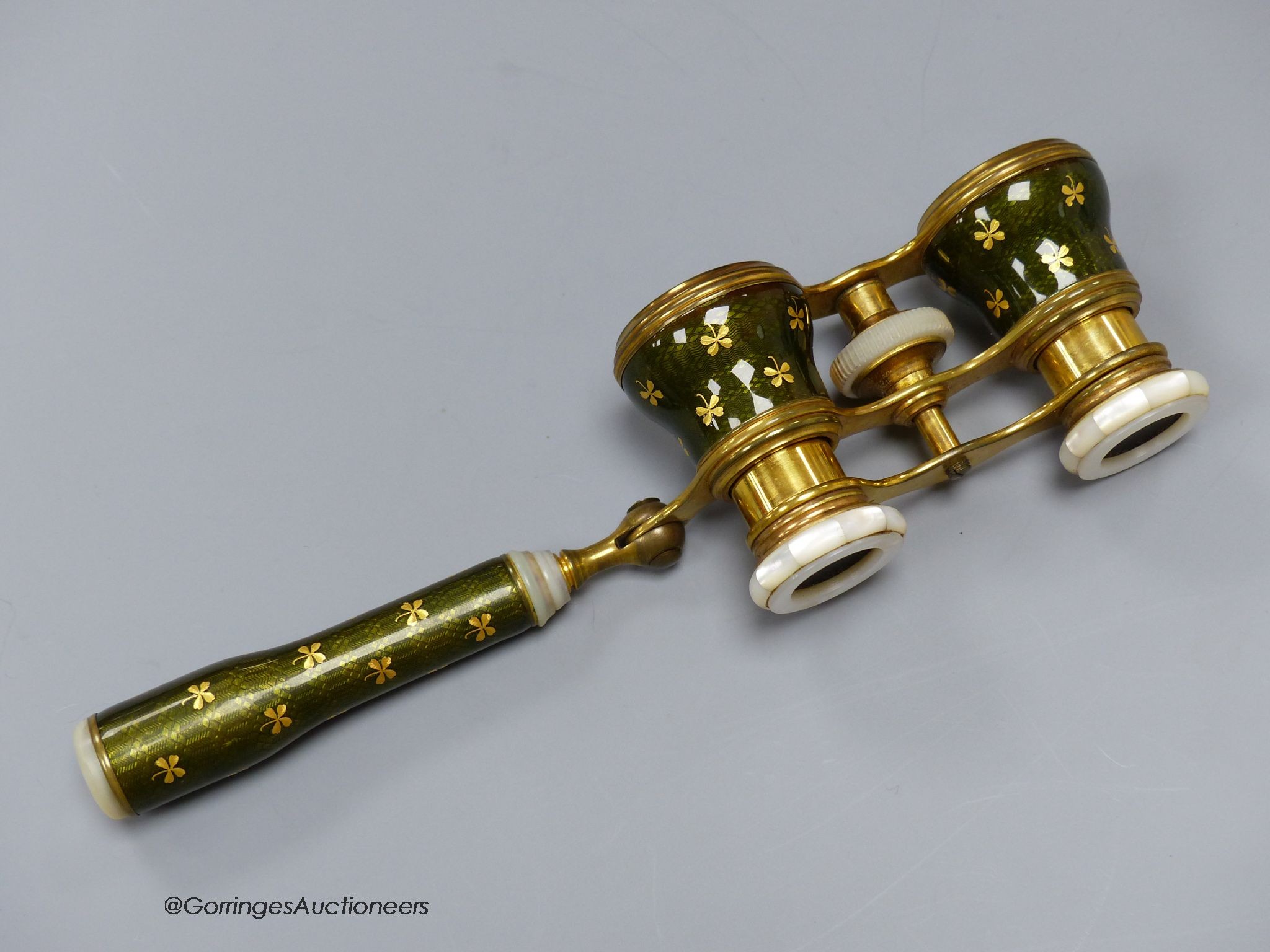 A pair of gilt brass, enamel and mother-of-pearl opera glasses, c.1900